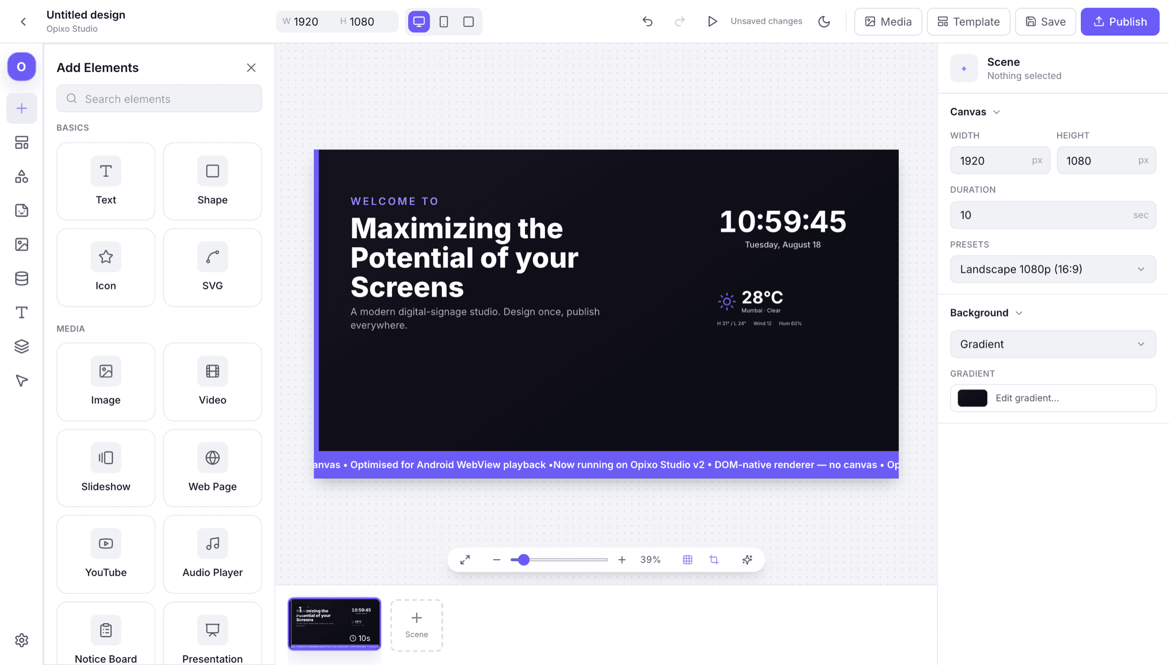 The Opixo Studio canvas with the scene strip and properties panel